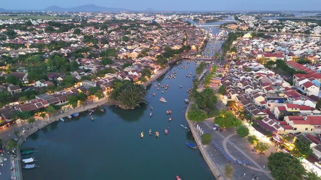 Aerial panorama of Hoi An at night during traditional