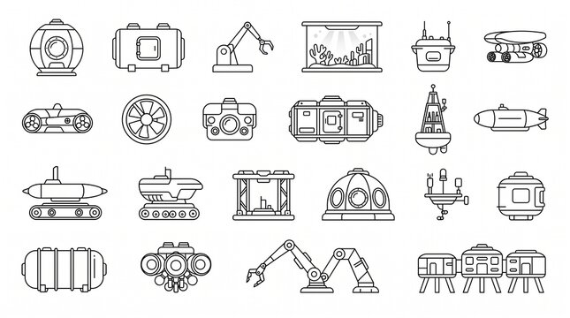 Underwater exploration line icon set, deep sea submersible vector collection, ocean research technology linear symbols
