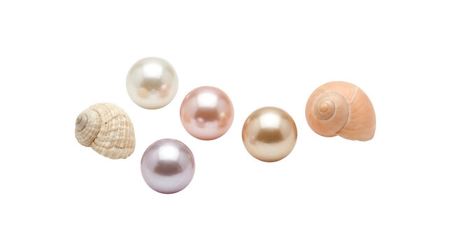 A collection of colorful decorative pearls and small sea shells isolated on a white background