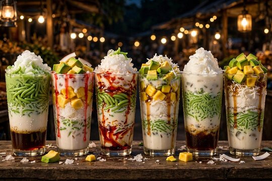 Row of colorful es cendol and es teler Indonesian iced desserts