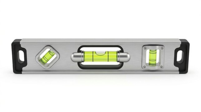 Metal spirit level tool with green liquid vials isolated on a white