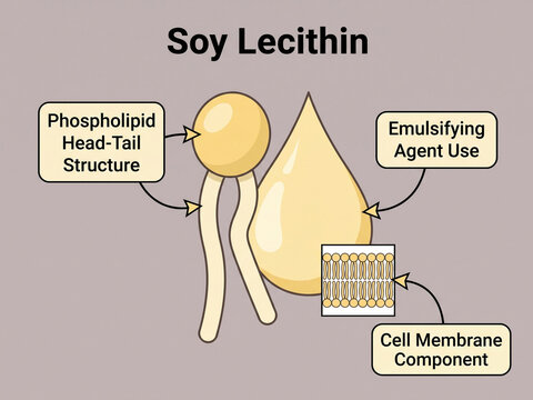 Soy lecithin molecular structure and functional properties diagram illustrating phospholipid head-tail arrangement, emulsifying agent use, and cell membrane component roles.