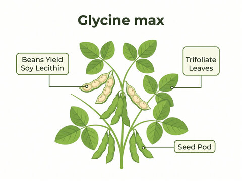 Glycine max graphic shows soybean plant anatomy with detailed labels highlighting seed pods trifoliate leaves and soy lecithin yield.