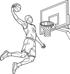 Dynamic Basketball Player Slam Dunking Vector Illustration Featuring Outline Silhouette of Athlete Jumping to Hoop for Sports Branding Logos and Coloring Book Content © leo