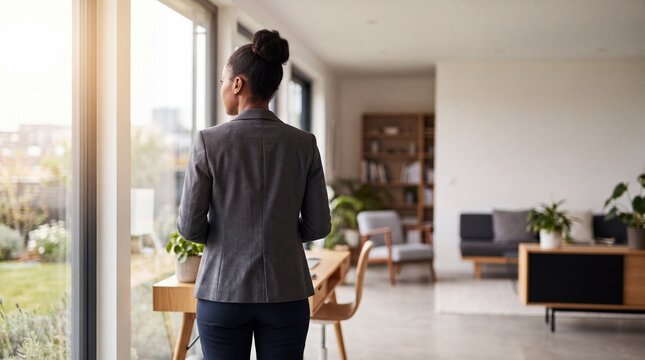 Black businesswoman looking out window in modern home office for website