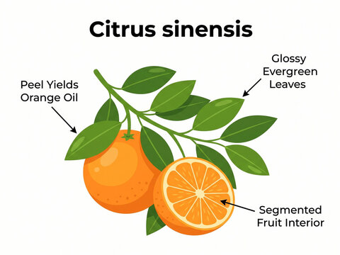 Orange branch botanical illustration featuring citrus sinensis fruit, glossy evergreen leaves, peel yields orange oil, and segmented fruit interior.