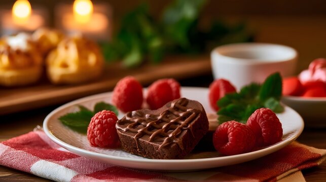 A heart shaped chocolate brownie with fresh raspberries and mint leaves on a white plate  set against a warm  candlelit background