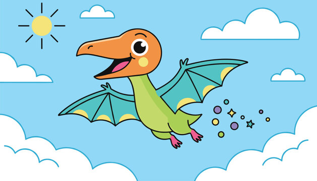 Cute cartoon pterodactyl dinosaur flying through a blue sky with white clouds and colorful stars and bubbles.