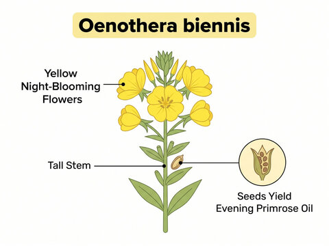 Evening primrose plant illustration detailing yellow flowers, tall green stems, leaves, seeds, and textual labels explaining evening primrose oil.