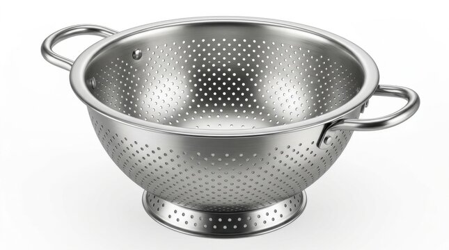 Stainless steel colander with handles isolated on a clean white