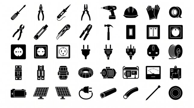 Electrician Tools Black Glyph Icon Set, Electrical Equipment Symbols Collection, Power Hardware Vector Graphic Elements
