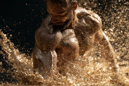 Muscular man generating golden liquid splash embodying power and strength