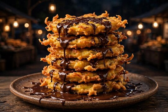 Stack of pisang goreng banana fritters with chocolate drizzle