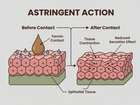Astringent action mechanism diagram showing epithelial tissue contraction and reduced secretion effect after contact with a tannin droplet.