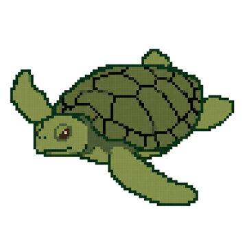 Cute Green Sea Turtle Swimming Pixel Art, Adorable Ocean Turtle Retro Pixel Illustration