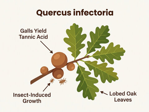 Quercus infectoria gall wasp lifecycle and oak gall production diagram showcasing medicinal tannic acid extraction sources.
