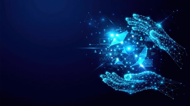 Futuristic glowing blue wireframe digital hands in digital plexus hologram style, representing advanced artificial intelligence and cyber innovation on dark gradient technology background