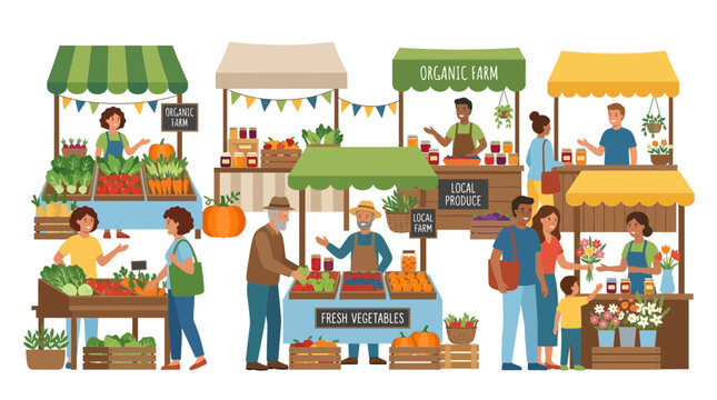 Diverse shoppers enjoy a vibrant farmers market with fresh produce and flowers.