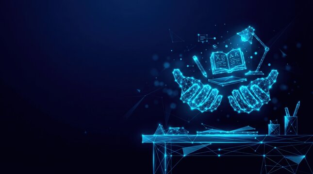 Futuristic glowing blue wireframe digital hands holding an open book in holographic plexus style, representing artificial intelligence and modern cyber learning on a dark gradient tech background