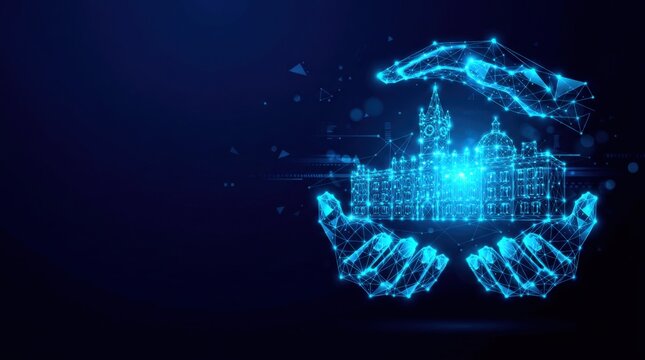Futuristic glowing blue wireframe cityscape in digital plexus hologram style, representing smart urban innovation and cyber technology on dark gradient background