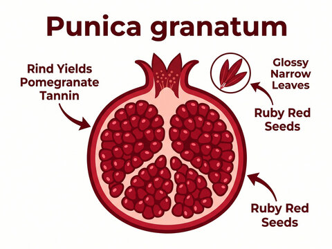 Punica granatum fruit anatomy diagram highlighting ruby red seeds and rind yielding pomegranate tannin.