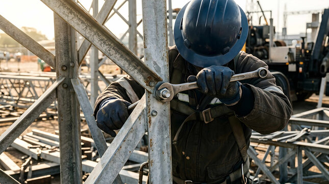 Close-up rugged construction worker securing high-voltage power transmission grid framework, showcasing critical energy infrastructure integration, essential for renewable energy systems and