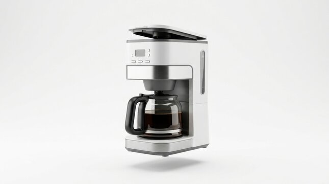 Modern white drip coffee maker with glass carafe isolated on a white
