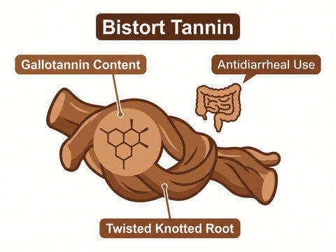 Bistort tannin diagram featuring a twisted knotted root, gallotannin chemical content, and an antidiarrheal use medical icon depicting digestive system health.