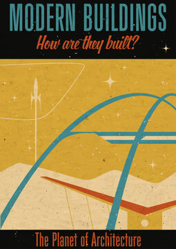 1950s - 1960s Science and Technology Magazine Cover Style Illustration, Vintage Colors, Retro Communications, Aged Paper Texture, Googie Architecture