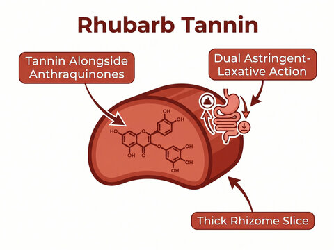 Rhubarb tannin scientific illustration highlighting a thick rhizome slice, anthraquinone compounds, and dual astringent laxative action on the digestive system.