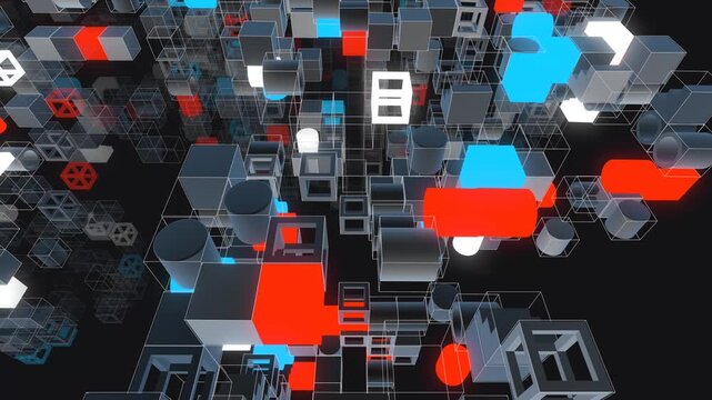 Geometric wireframe cubes, floating machinery parts, and vibrant glowing red, blue, and white neon nodes.