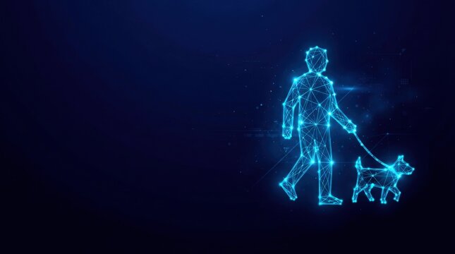 Futuristic glowing blue wireframe human walking a dog in digital plexus hologram style, representing artificial intelligence and cyber technology on dark gradient background