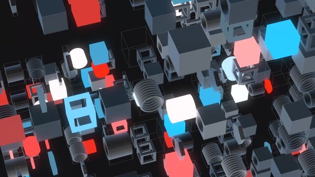 Geometric wireframe cubes, floating machinery parts, and vibrant glowing red, blue, and white neon nodes.