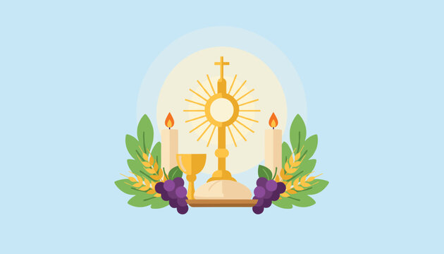 Christian religious symbols for First Holy Communion including a monstrance, bread, grapes, and candles on a blue background.