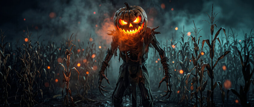 spooky halloween scarecrow with a glowing jack o' lantern head standing in a dark cornfield at night