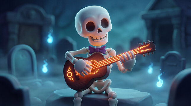 3D rendering of a cute cartoon skeleton playing a glowing guitar in a spooky halloween graveyard