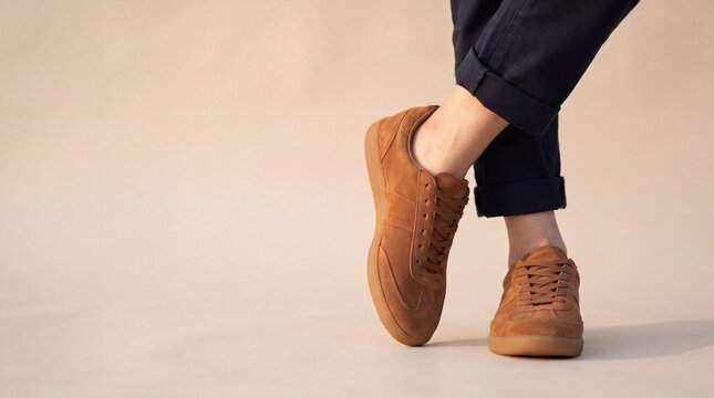 Stylish Retro Sneakers on Asian Woman Lower Body in Warm Studio Light