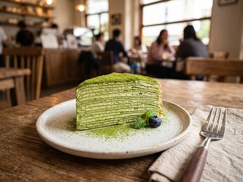 Slice of matcha crepe cake garnished with blueberry and mint leaf served in a cafe.