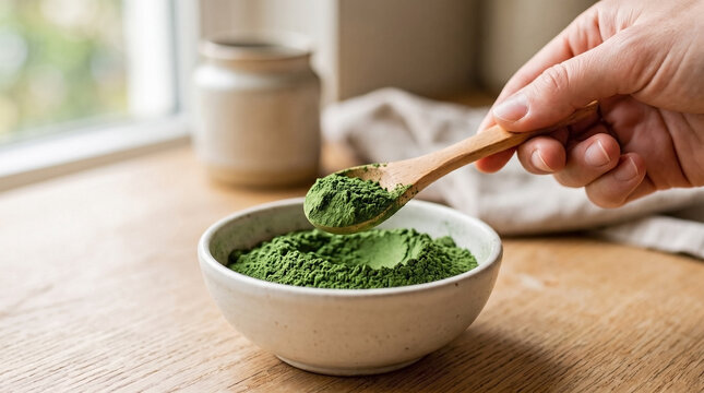 Hand Measuring Spirulina Powder with a Wooden Spoon, a Green Superfood Supplement for Healthy Eating Blogs, Nutrition Websites, Detox Smoothie Recipes, and Plant-Based Wellness Content
