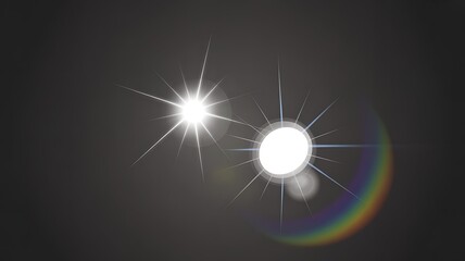 Fototapeta premium Bright sun flares and lens flare effects casting rainbow colors against a dark, muted background, a luminous display