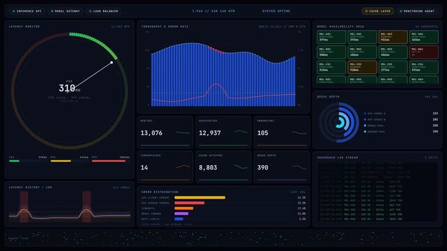 A cinematic 4K animation of an enterprise inference monitoring dashboard, featuring a deep space aesthetic with glowing panels and real-time data visualizations.