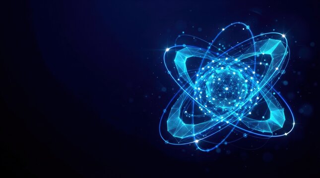 Futuristic glowing blue wireframe atomic structure in digital plexus hologram style, representing advanced technology and cyber innovation on dark gradient background
