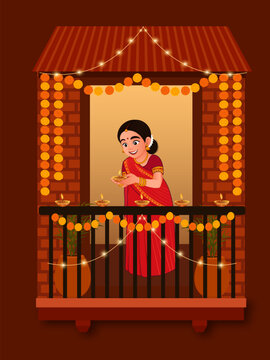 Happy Diwali Indian Festival of lights, celebration background, woman lighting diya at her home vector illustration.