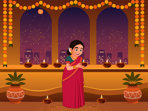 Happy Diwali Indian Festival of lights, celebration background, woman lighting diya at her home vector illustration.