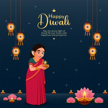 Happy Diwali Indian Festival of lights, celebration background, woman lighting diya at her home vector illustration.