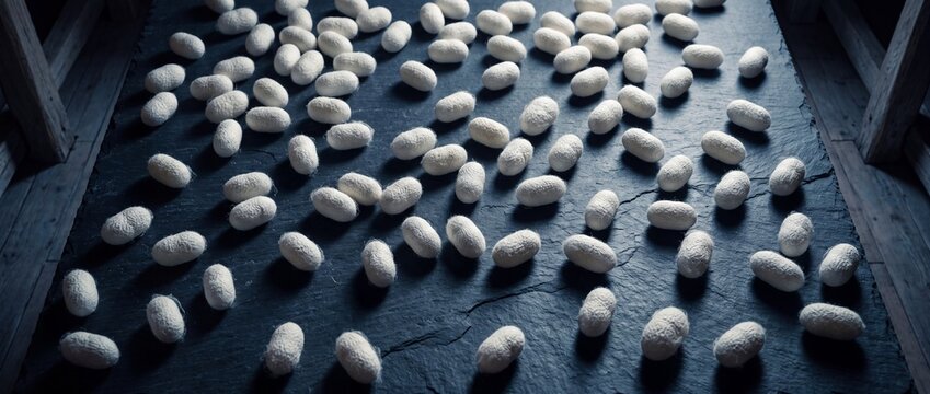 Multiple white silkworm cocoons arranged on textured black stone surface for silk production and raw fiber textile industry processing