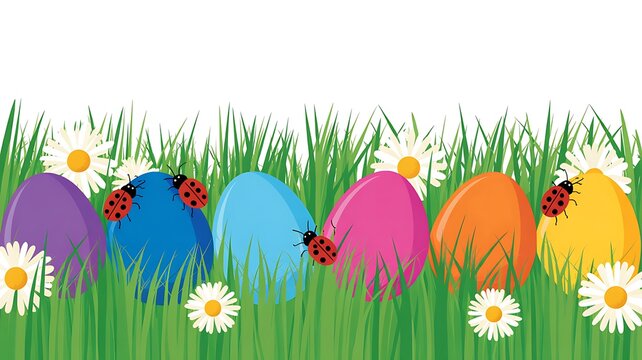 Colorful Easter eggs hidden in green grass with white daisies and ladybugs for spring holiday celebration vector background banner