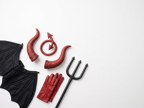 Flat lay of devil costume accessories including wings, horns, trident, tail, and gloves on a white background.