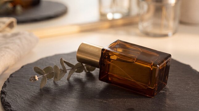 Minimalist Amber Perfume Bottle on Dark Textured Surface for E-Commerce