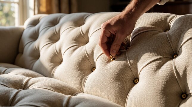 Close up of craftsman hand fixing button on beige tufted sofa. Male worker performs upholstery repair furniture making in cozy living room. Person uses pin to secure fabric on stylish chesterfield